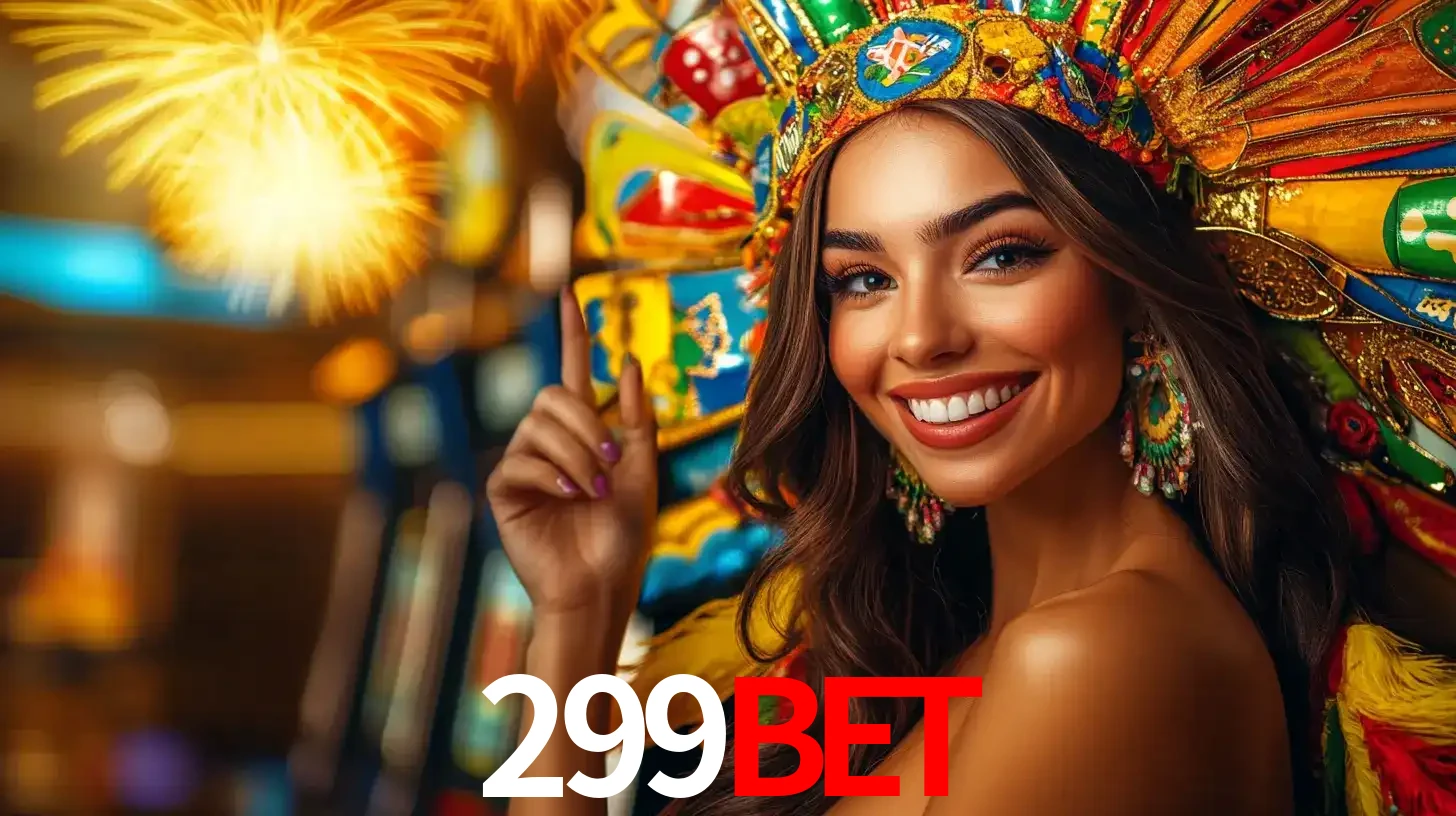 Mulher sorridente com um cocar de carnaval vibrante e colorido, celebrando uma grande vitória nos jogos do cassino 299bet com fogos de artifício ao fundo.