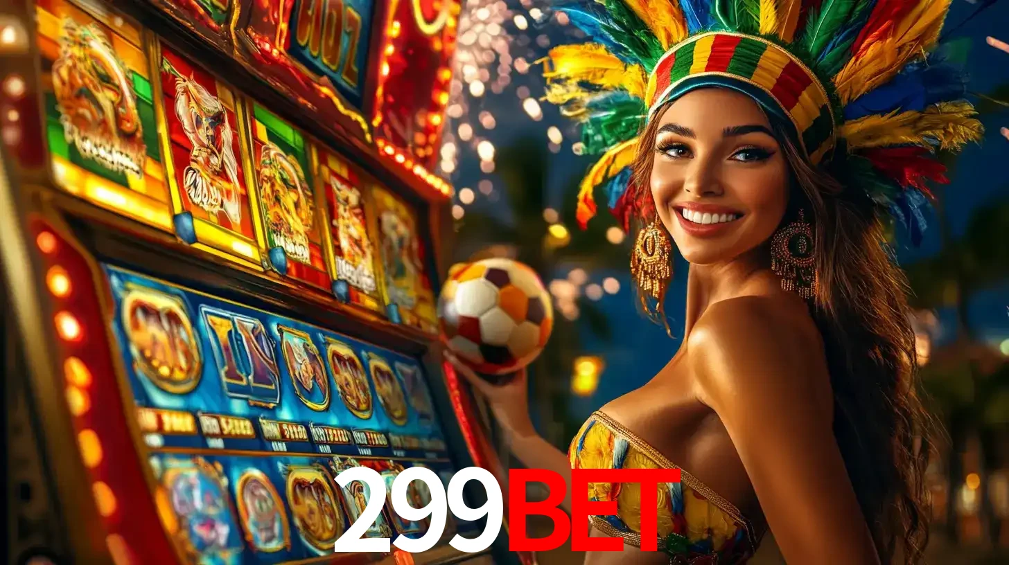 Mulher com um cocar de carnaval ao lado de uma máquina de caça-níqueis enquanto segura uma bola de futebol, mostrando a união da diversão de cassino e esportes no 299bet.