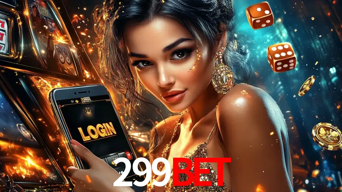 Mulher glamourosa segurando um celular com a tela de login do cassino 299bet, rodeada por dados e moedas douradas, pronta para começar a diversão.