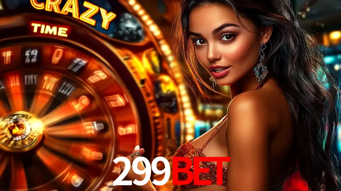 Mulher ao lado da roda de prêmios do jogo de cassino ao vivo Crazy Time, um dos shows de jogos mais emocionantes oferecidos pela plataforma de apostas 299bet.