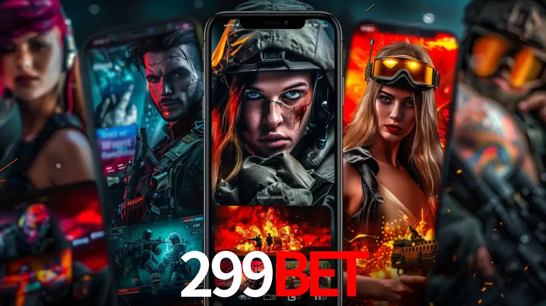 Montagem de telas de celular mostrando diversos personagens, masculinos e femininos, de um jogo de tiro, ilustrando a diversidade de equipes de e-sports para apostar no 299bet.