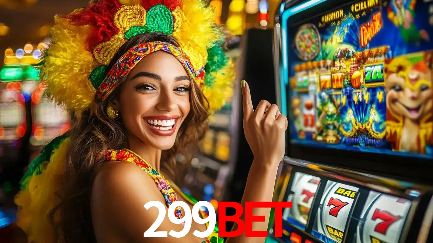 Mulher animada com um cocar de carnaval apontando para uma máquina de caça-níqueis, mostrando a emoção de ganhar um grande prêmio nos jogos do 299bet.