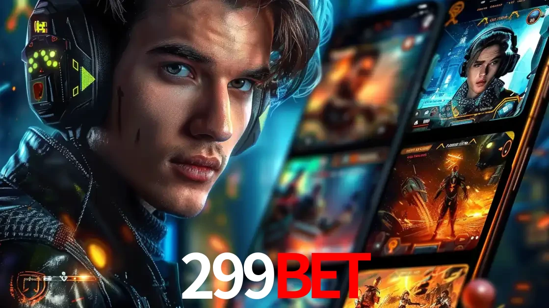 Jovem jogador com fones de ouvido olhando para a câmera, com um aplicativo de jogos e e-sports para celular ao fundo, pronto para a competição e apostas no 299bet.