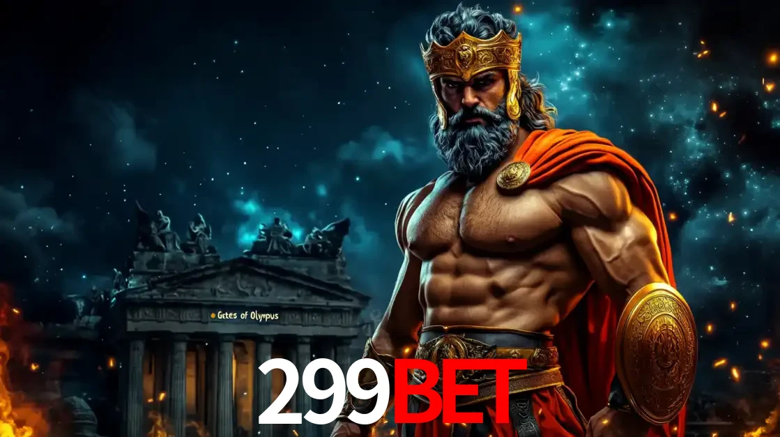 O poderoso Zeus do jogo de slot Gates of Olympus em frente ao seu templo, pronto para lançar multiplicadores divinos e prêmios épicos no cassino online 299bet.