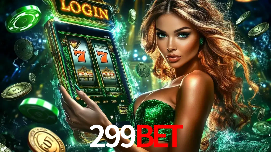 Mulher com tema verde apresentando o aplicativo do cassino 299bet com um jogo de slot de 777, cercada por fichas de cassino e uma aura de sorte.
