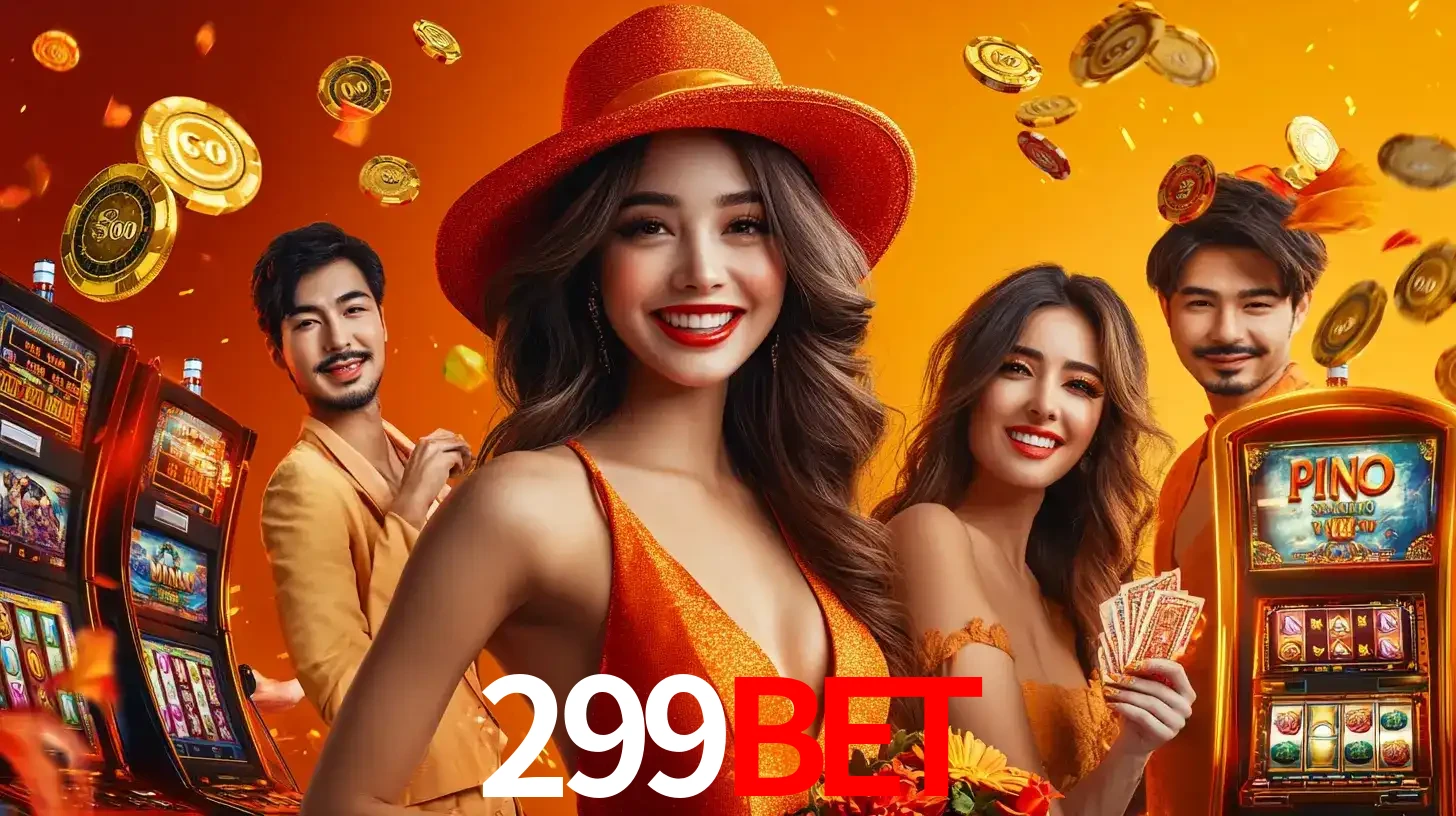 Grupo de amigos asiáticos sorrindo e se divertindo com máquinas de caça-níqueis em um ambiente festivo, celebrando suas vitórias nos jogos de cassino do 299bet.