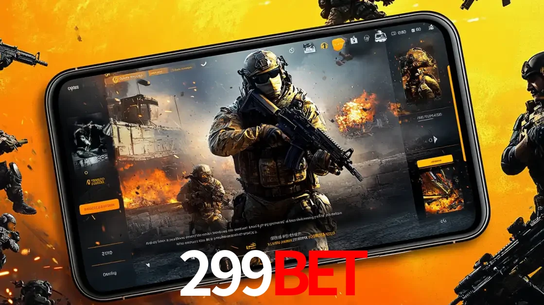 Um smartphone exibindo a interface de um jogo de tiro em primeira pessoa, com um soldado em um cenário de batalha, representando a ação dos e-sports para apostar no 299bet.