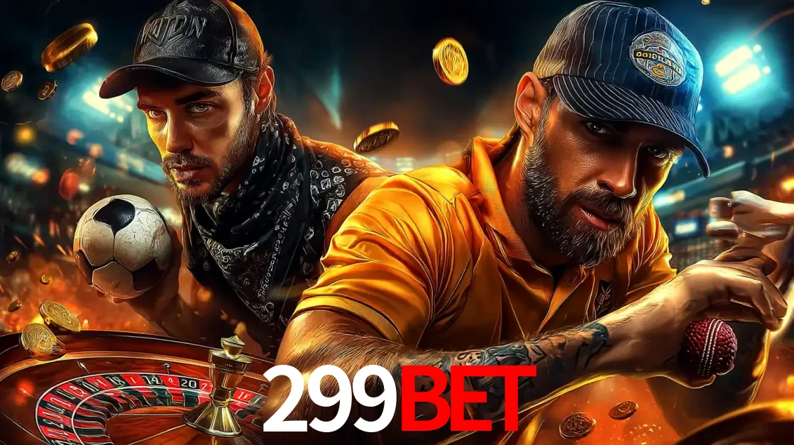 Montagem de apostas esportivas e cassino no 299bet, com um homem segurando uma bola de futebol e outro uma de beisebol sobre uma roleta e moedas voadoras.