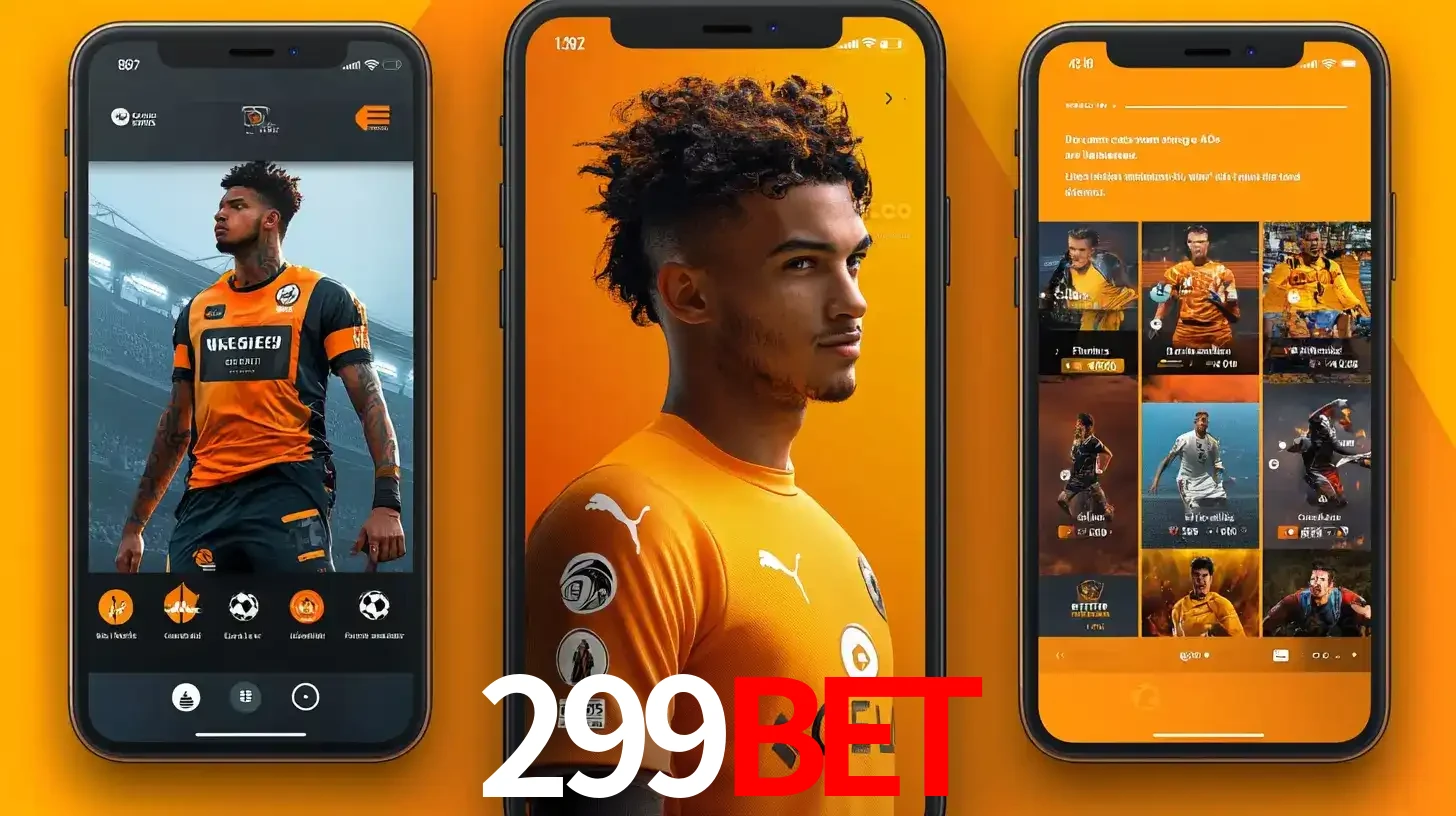 Interface do aplicativo de apostas esportivas 299bet em três telas de celular, mostrando o perfil de um jogador de futebol e a lista de jogos disponíveis para apostar.