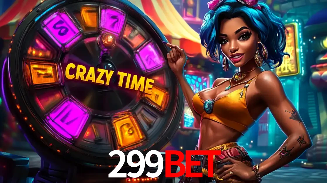Mulher estilizada com cabelo azul e visual vibrante posando ao lado da roda de prêmios do game show Crazy Time, convidando para a diversão e os bônus do cassino 299bet.