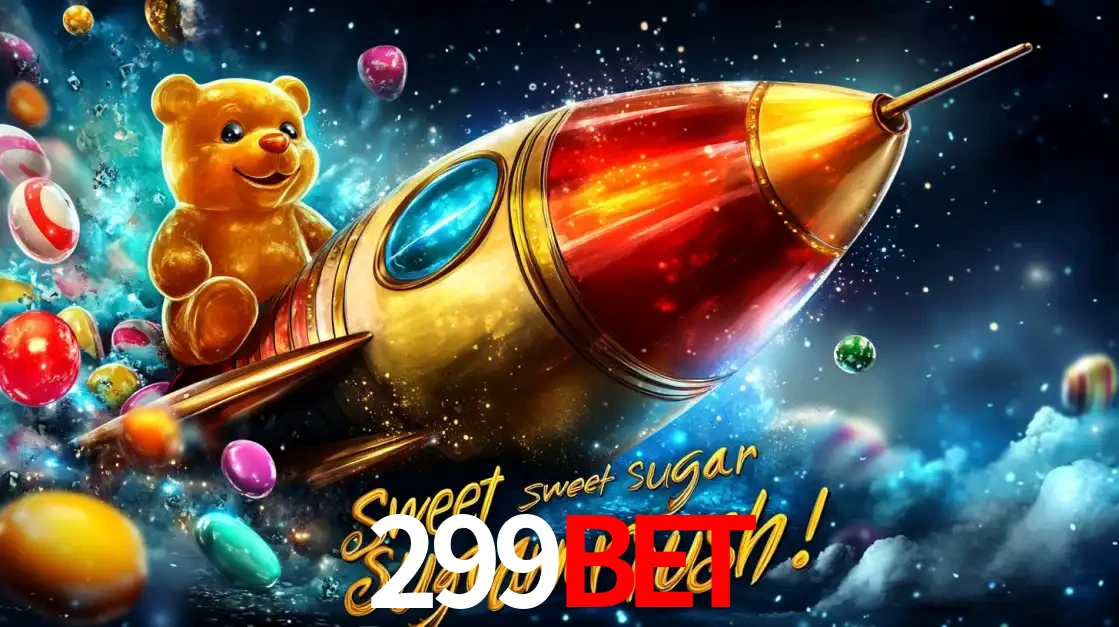 Arte promocional do jogo de slot Sugar Rush, com um urso de pelúcia em um foguete viajando pelo espaço de doces, um dos jogos divertidos disponíveis no cassino 299bet.