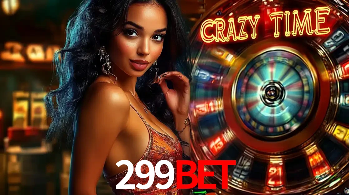 Mulher elegante ao lado da vibrante roda da fortuna do jogo de cassino ao vivo Crazy Time, um dos game shows mais populares e cheios de prêmios do 299bet.