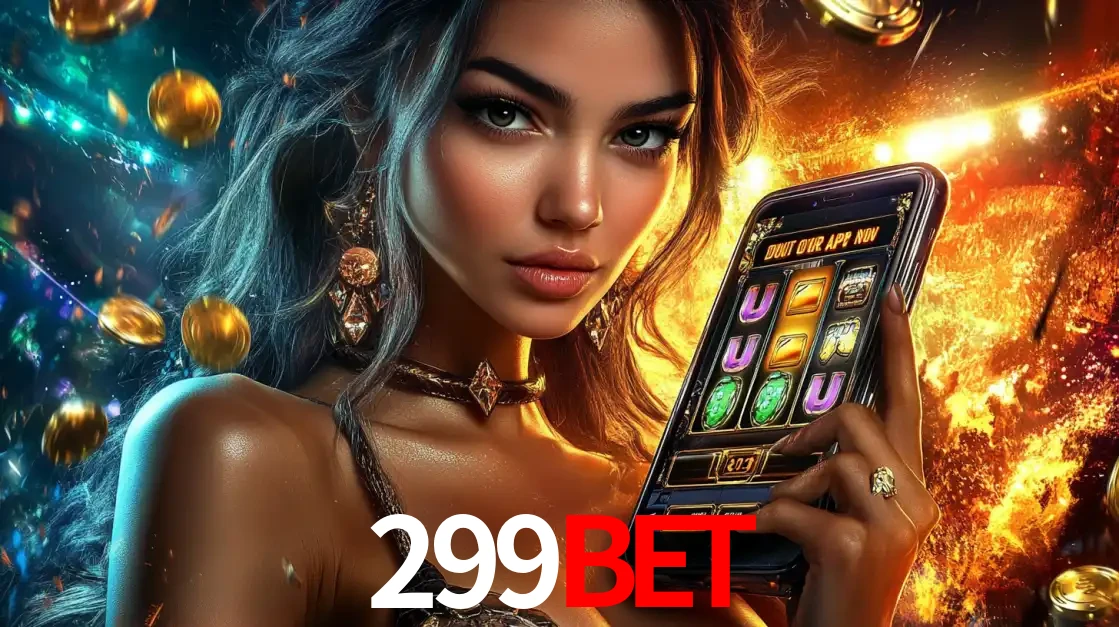 Mulher elegante mostrando um jogo de caça-níqueis em seu smartphone, destacando a experiência de cassino móvel oferecida pelo aplicativo 299bet.