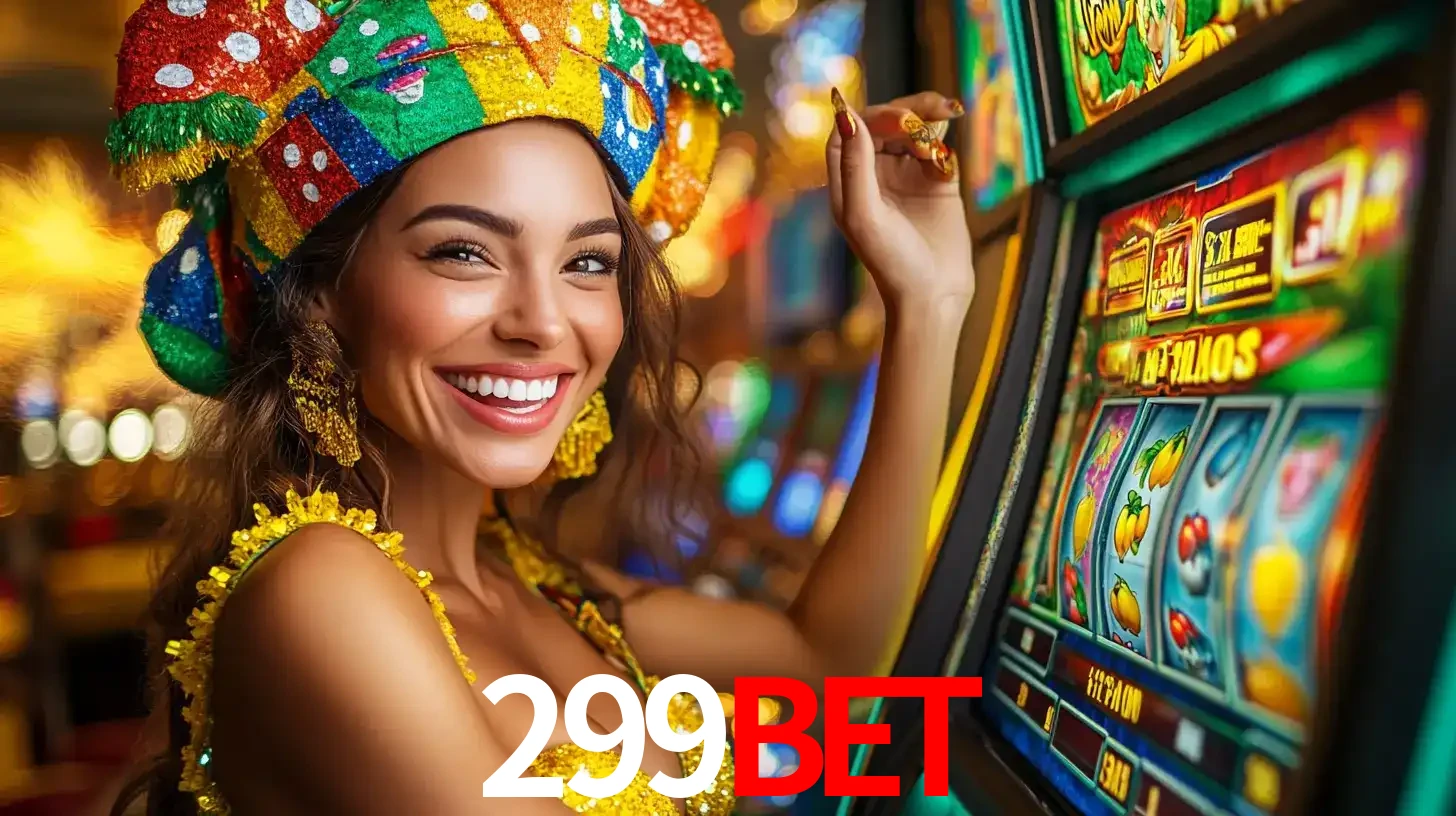 Mulher feliz com traje de carnaval amarelo e colorido ao lado de uma máquina de caça-níqueis, aproveitando a diversão e os jogos temáticos do cassino 299bet.