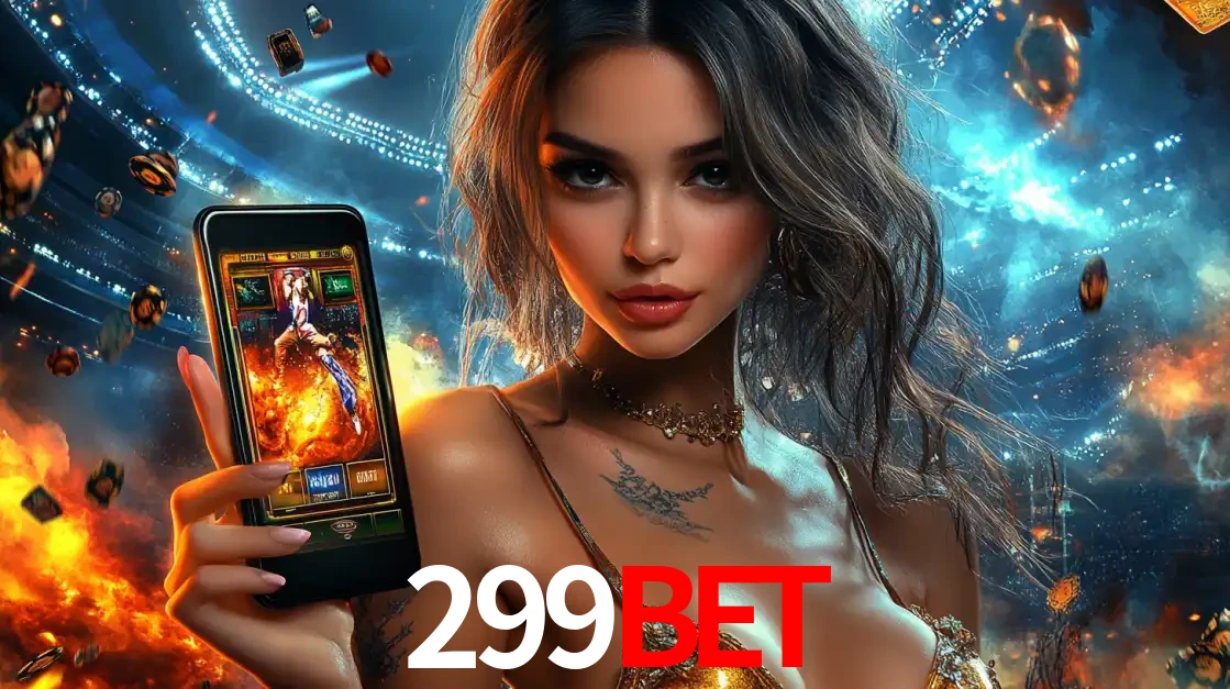 Mulher segurando um celular com um jogo de slot em destaque, tendo como fundo um estádio vibrante, simbolizando a emoção de jogar no cassino móvel 299bet.